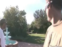 Ribald slut Scarlett gets her titties blasted as that babe's tanning poolside.