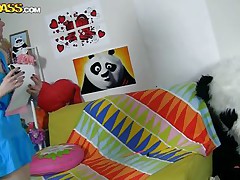 The horny Panda found this time a girl obsessed with him! This beauty has a poster with panda on the wall and draws a picture of him now. She's so slutty and happy that lastly panda visited her but does she knows what his intentions are? Well she maybe a bit innocent and stupid but that's how panda likes it!