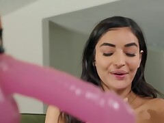 Cute girl Emily Willis receives trap-on drilled by Ariella Ferrera