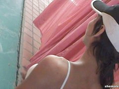 Teen shemale drilled in gym