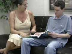 Breasty mom in glasses gives handy to legal age teenager guy